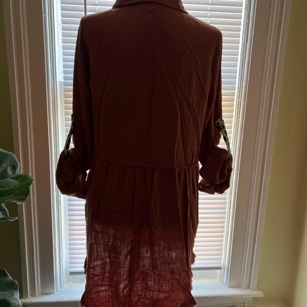 Umgee Linen Blend Animal Print Button Front Tunic Dress Pocket Canyon Clay Small - Picture 5 of 11